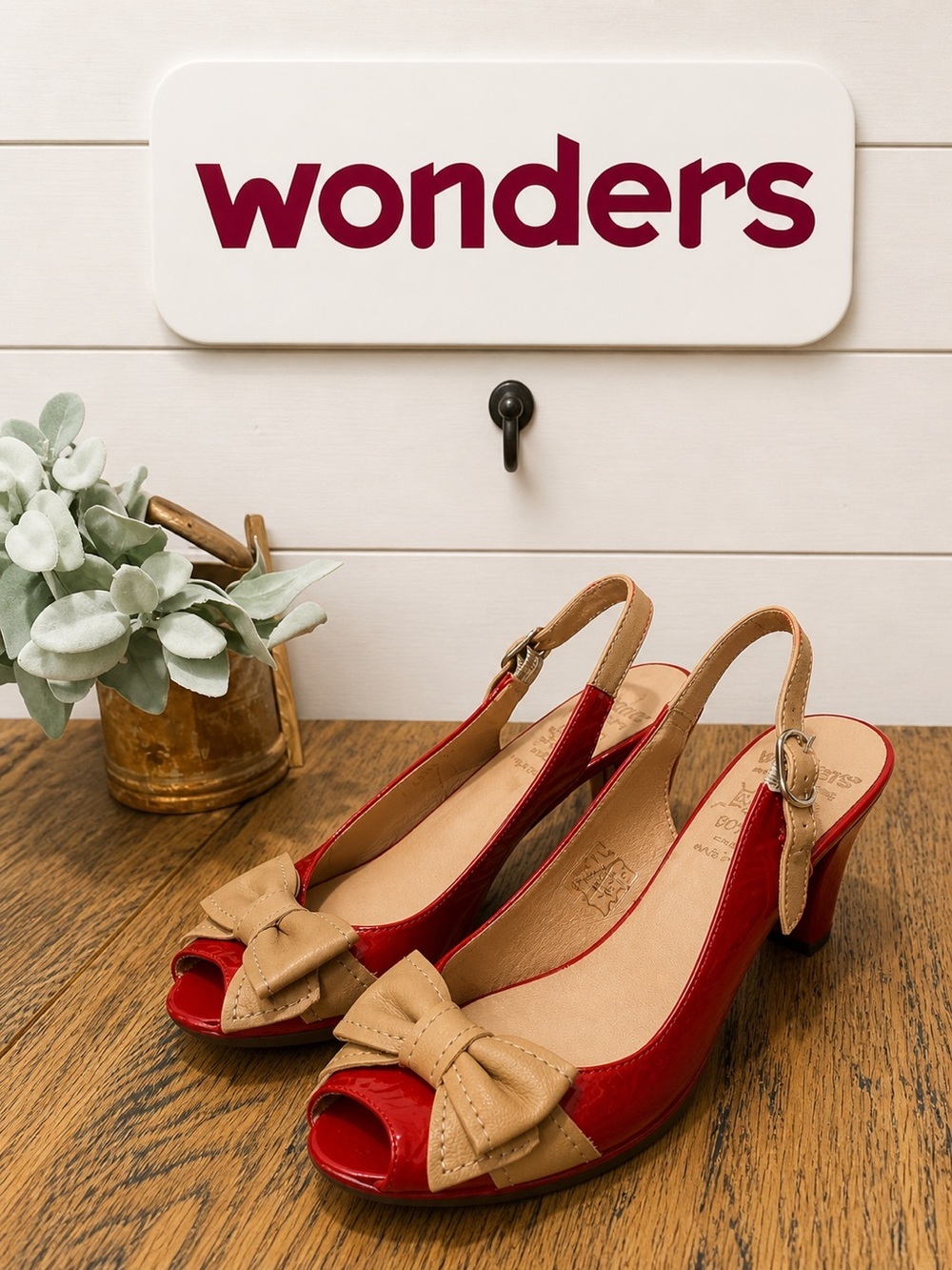 WONDERS RED SLINGBACK HEELS WITH BOW - SIZE 38 - 100% LEATHER